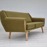 1970s, Danish 3-seater sofa, original very good condition, green furniture fabric, oak