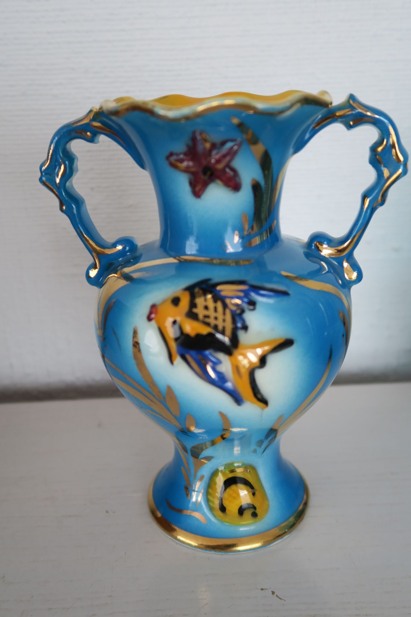 Vase ceroc monaco vintage 1960 blue and gold seahorse fish