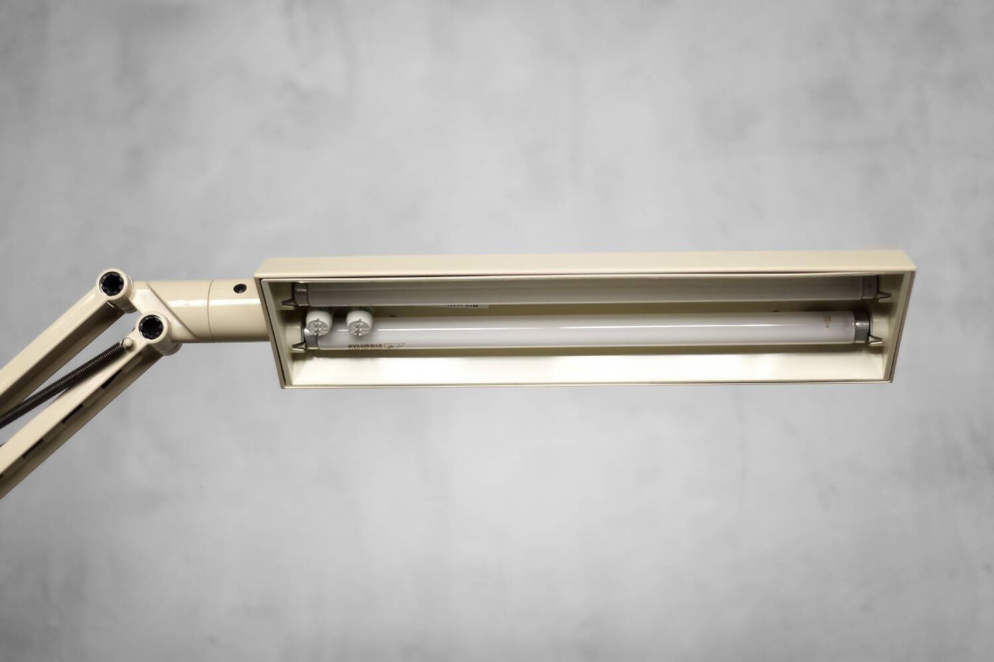 Beige plastic table lamp Lucifer, mid-century modern Scandinavian style.