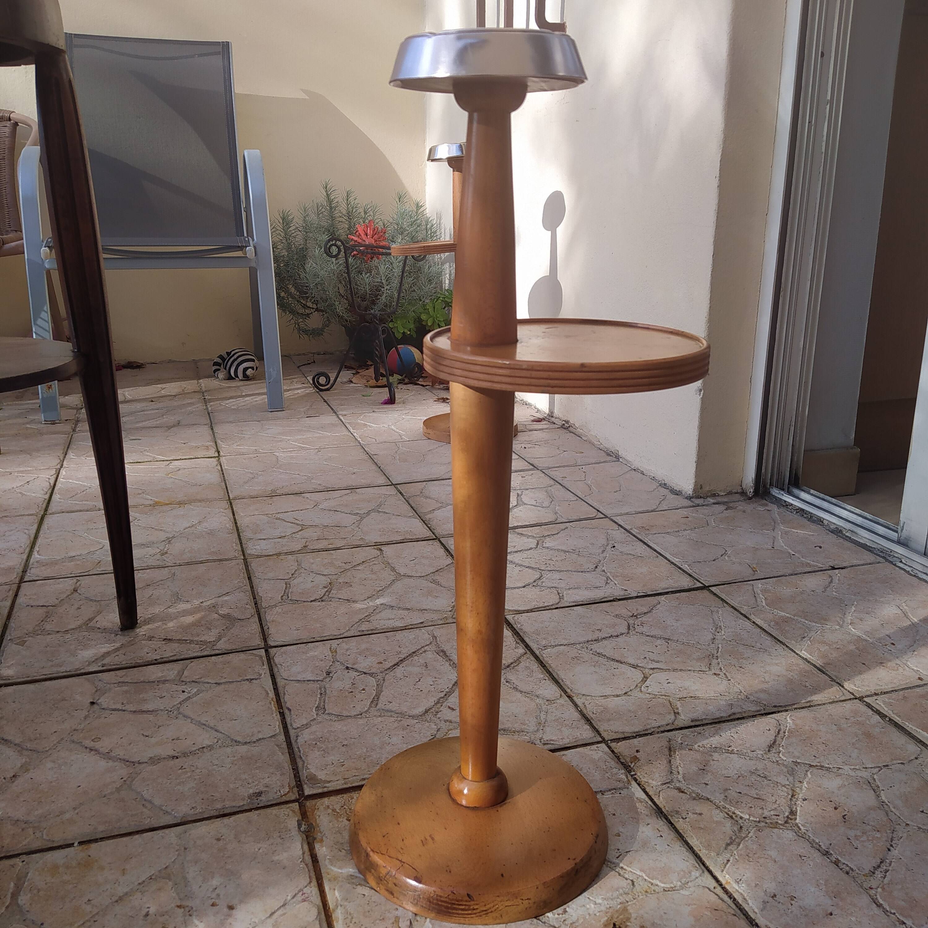 Vintage 1970 wooden pedestal ashtray with shelf