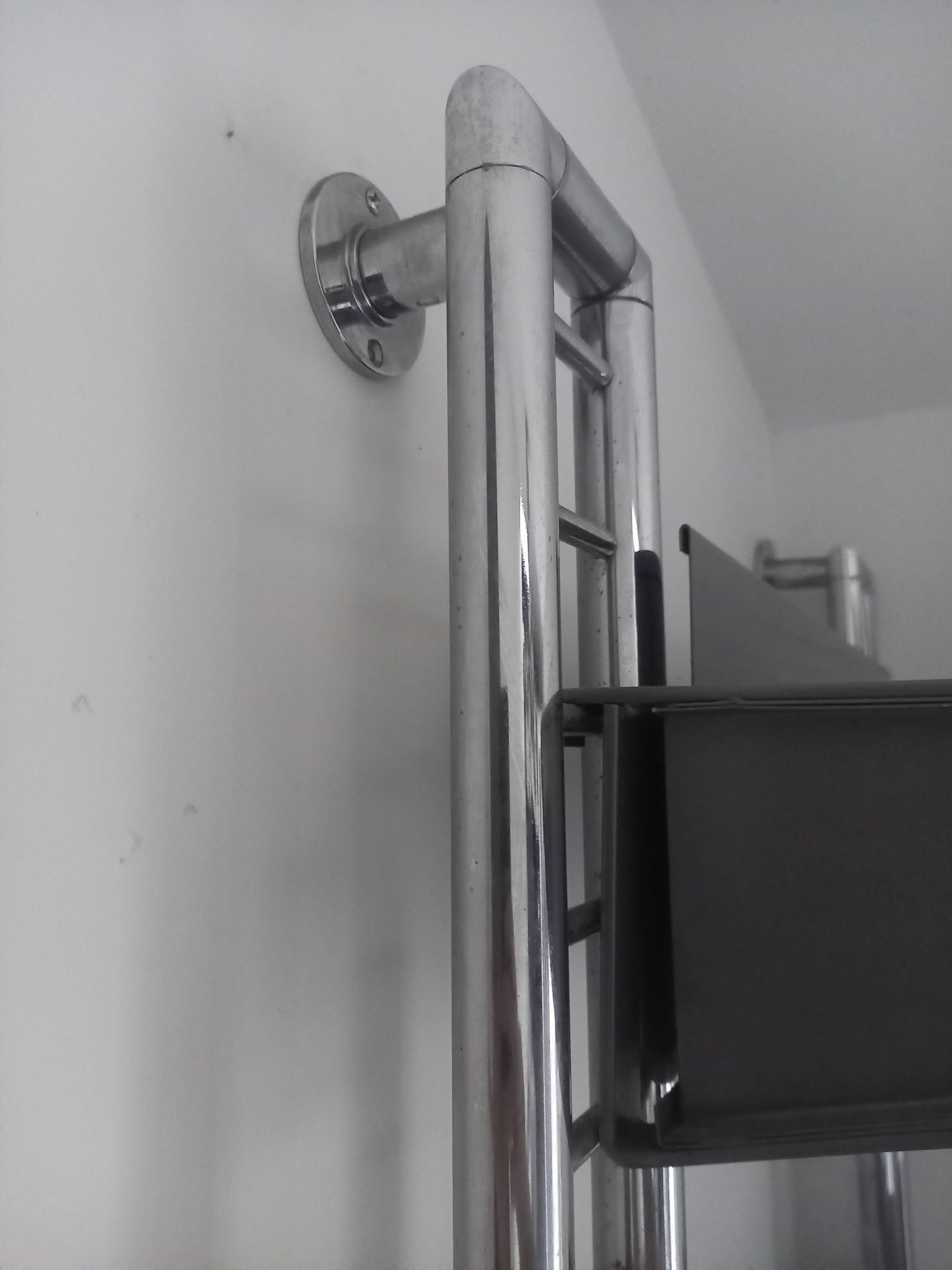 Large chrome wall shelf, aluminium and metal, 1970s industrial, 220cm.