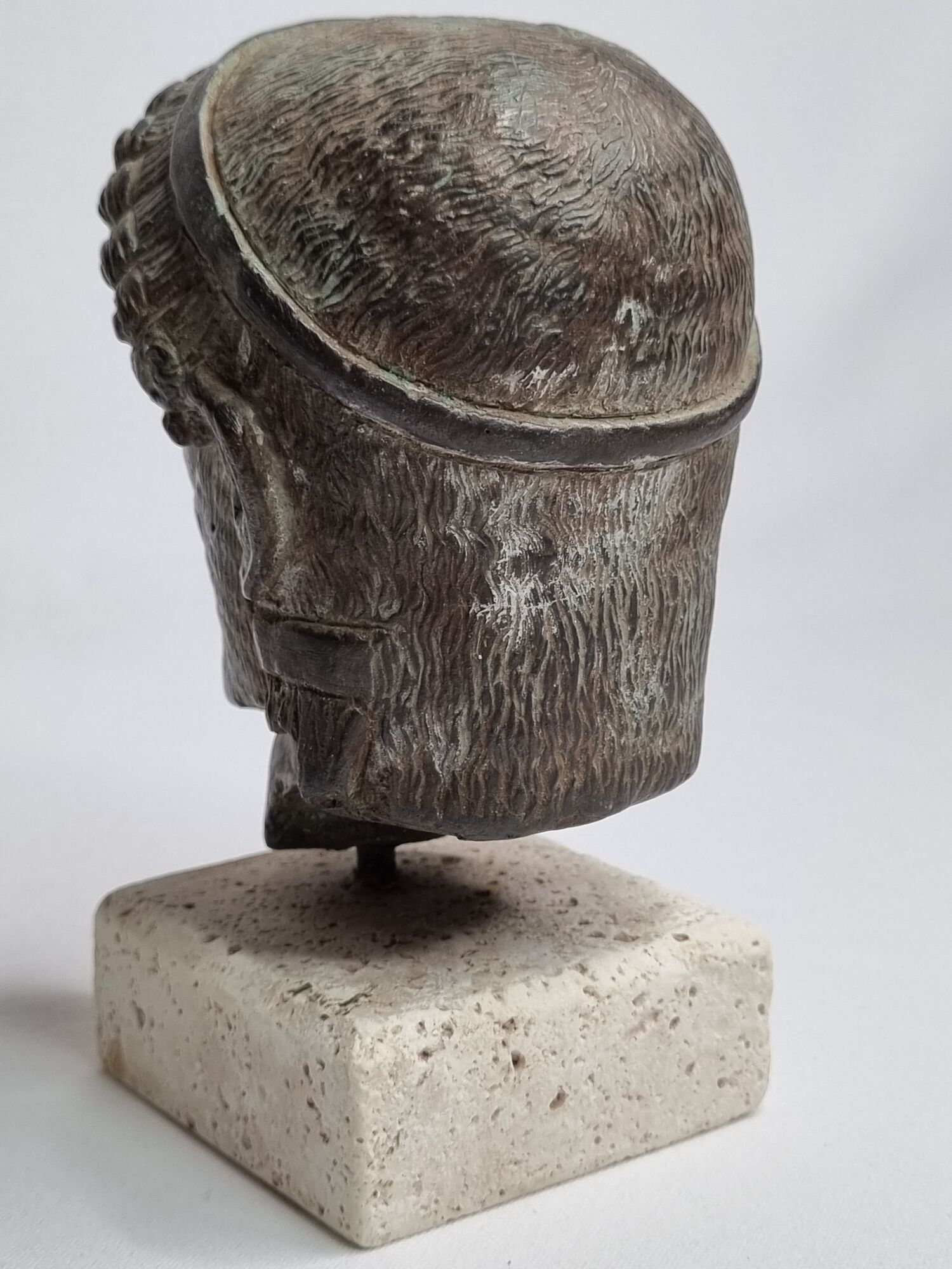 Head of Zeus in patinated plaster in imitation of bronze, 15 cm
