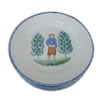 6 assiettes plates faience St Clément décor rural personnage