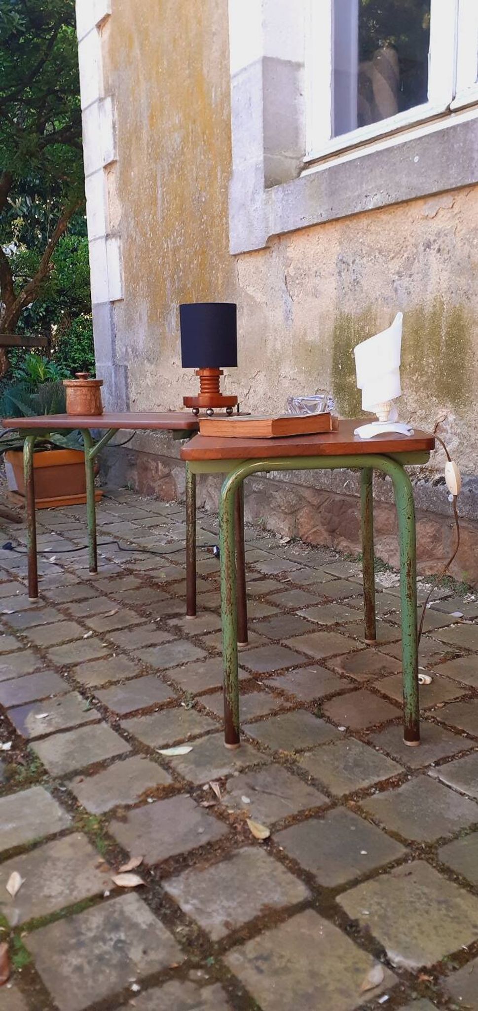 Pair of 1960s tables in tubular metal and solid teak