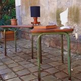 Pair of 1960s tables in tubular metal and solid teak