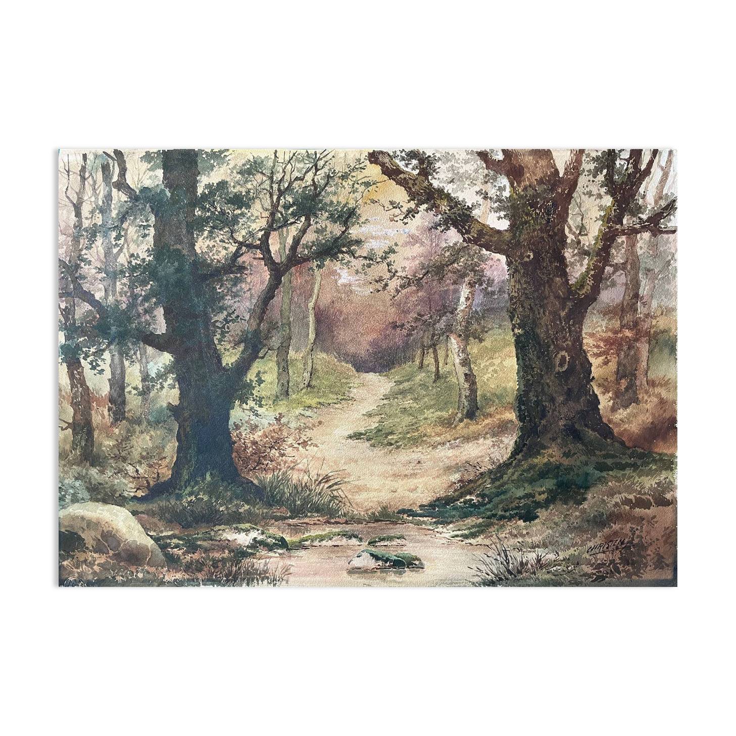 Tableau aquarelles signée Christen "Chemin en sous bois" XIX° siècle