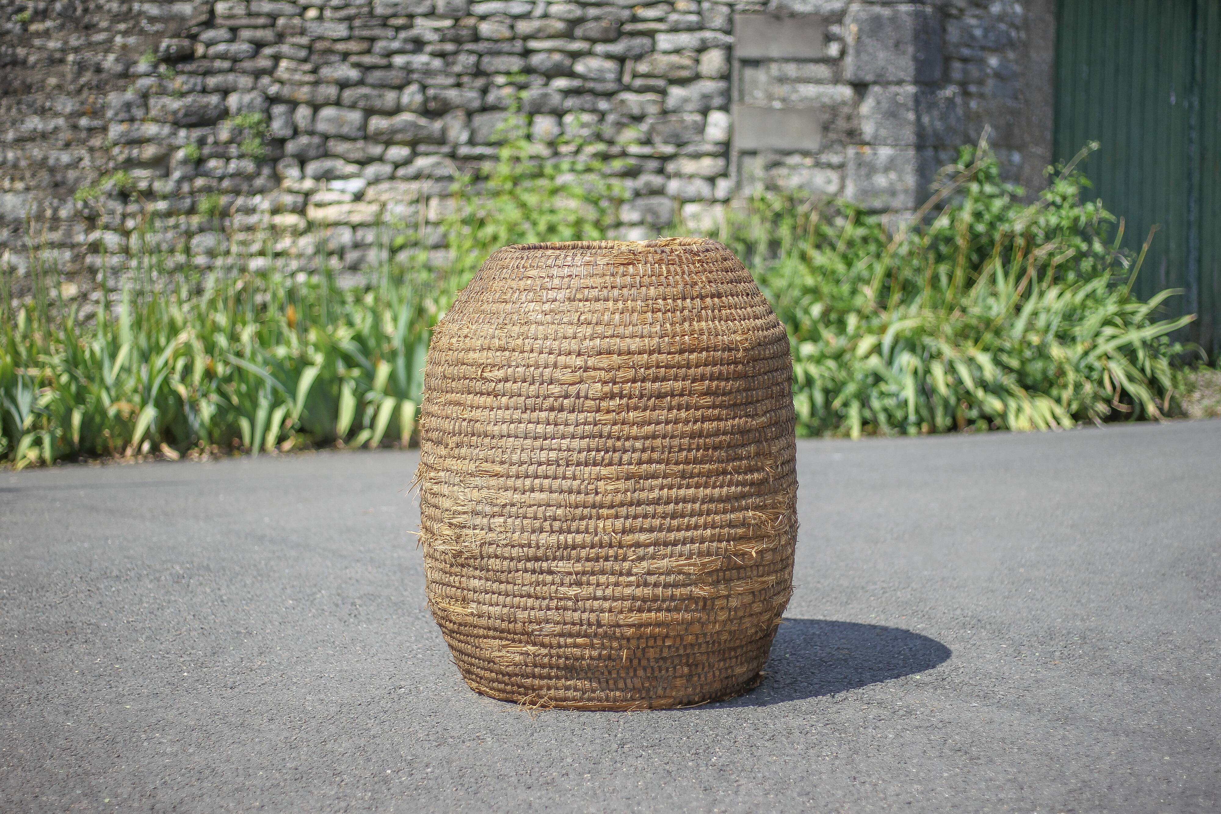 Very large old basket, burgundy straw and bramble, woven basket