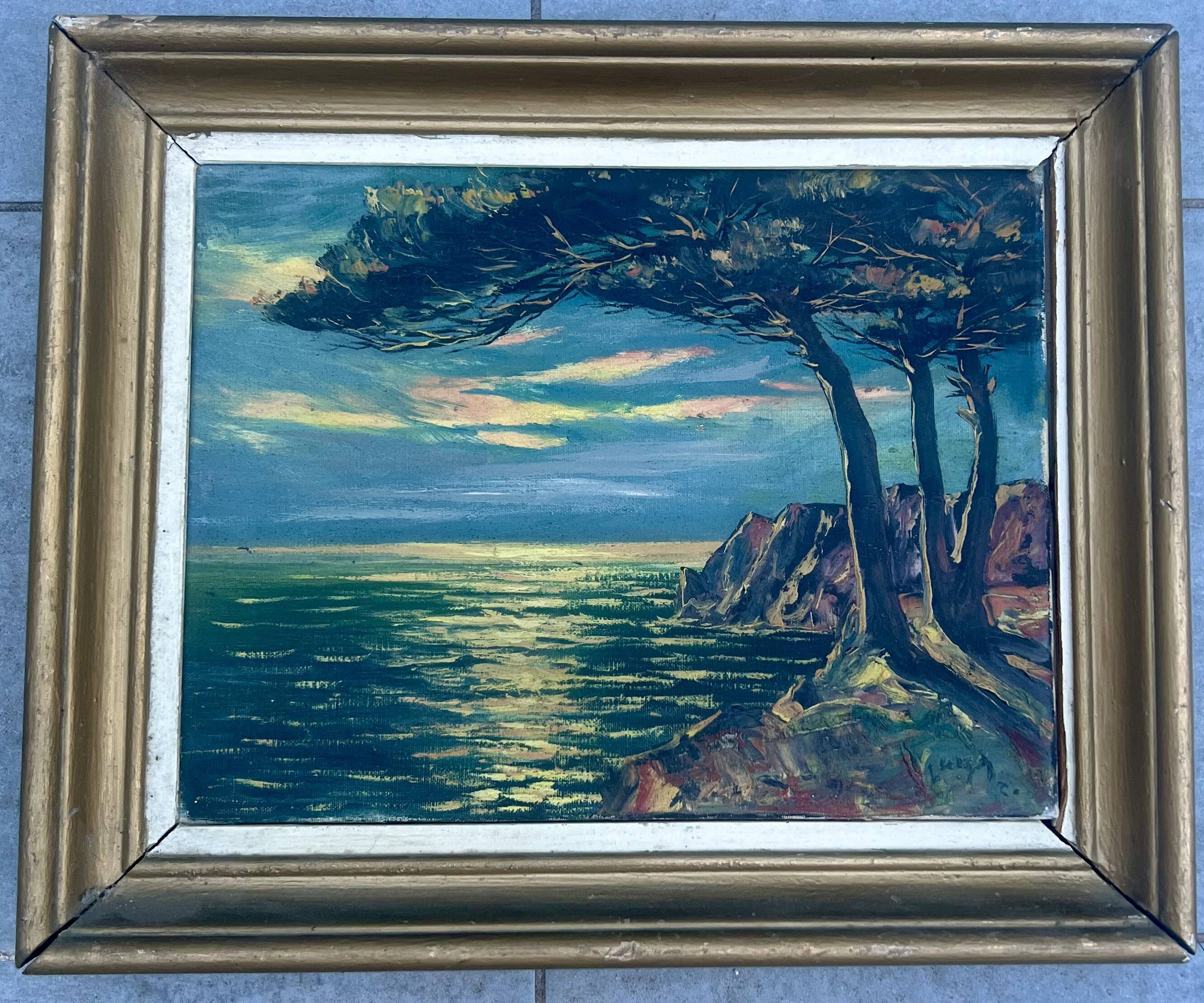 Old Oil Painting / Seaside Marine Panel Signed