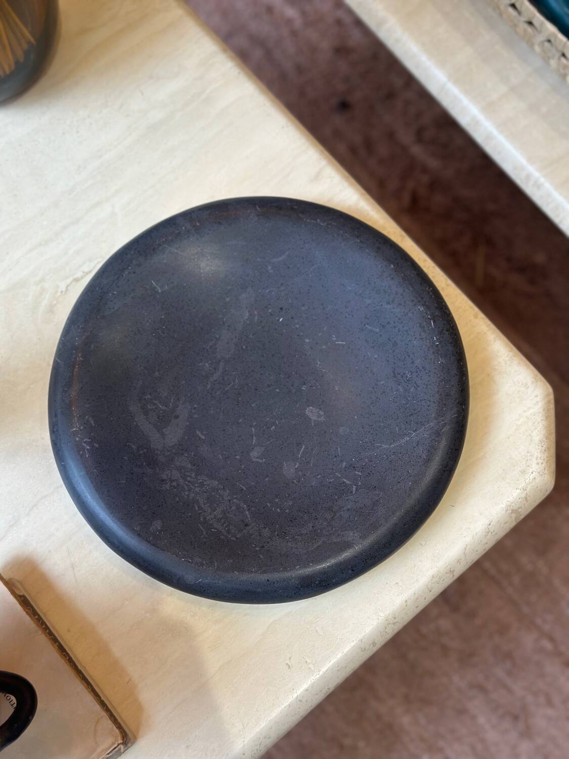 Vintage sculptural polished black marble donut plate flat tray empty po