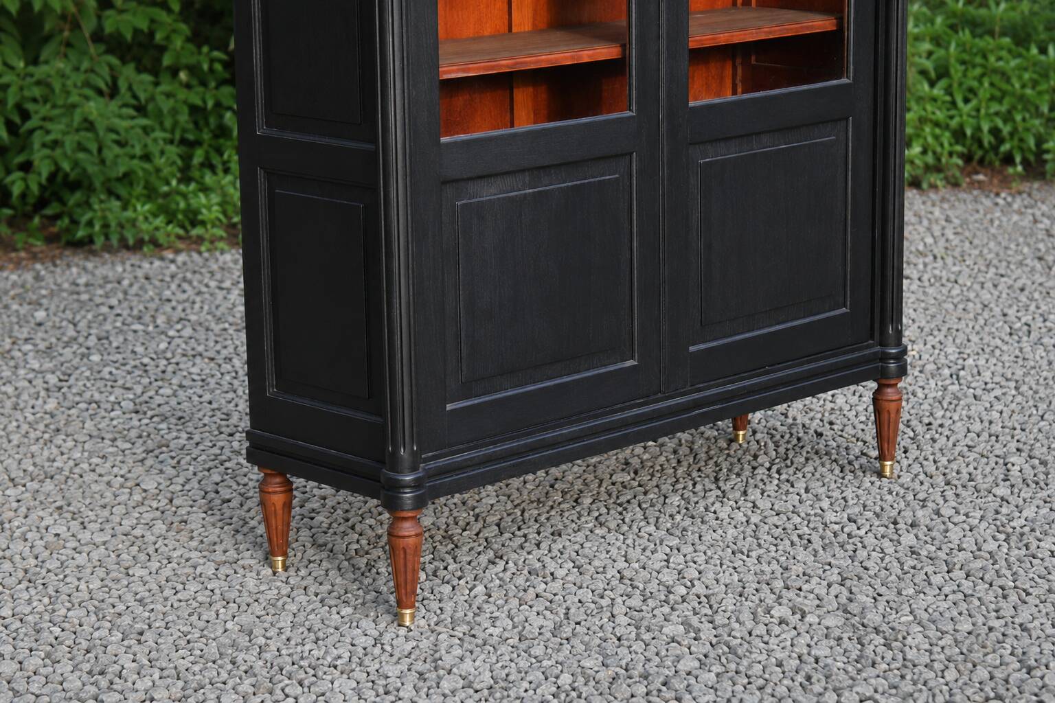 Renovated black antique Louis XVI style display cabinet, glass-fronted bookcase.