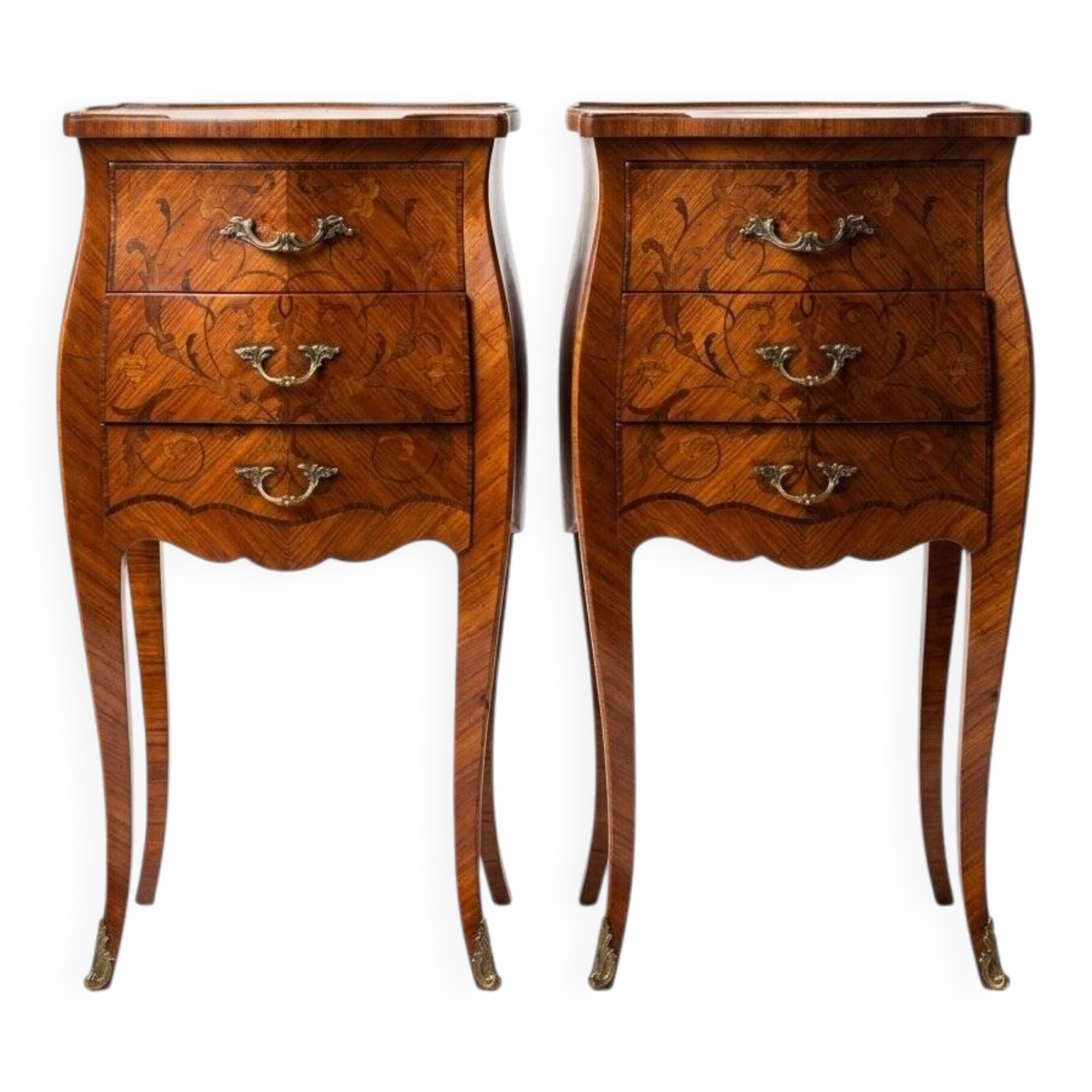 Pair of bedside tables with bombé shape, marquetry, and bronze in Louis XV style.