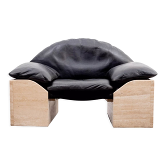 Vintage armchair, leather and travertine