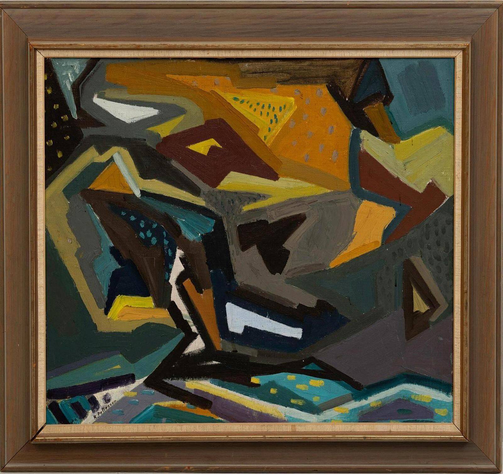 Huile sur panneau originale suédoise – “Komposition” par Rune Pettersson – Vintage – 54 × 66 cm (environ 21" × 26")