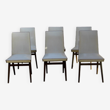 Set of 6 French dining room chairs design 1950 white vinyl with edging