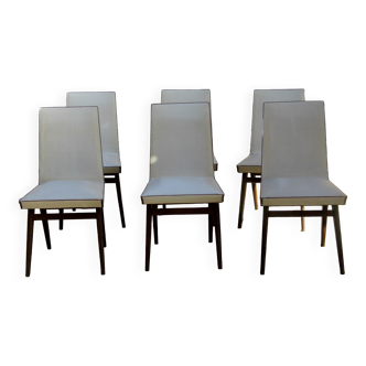 Set of 6 french dining chairs design 1950 white vinyl with edging