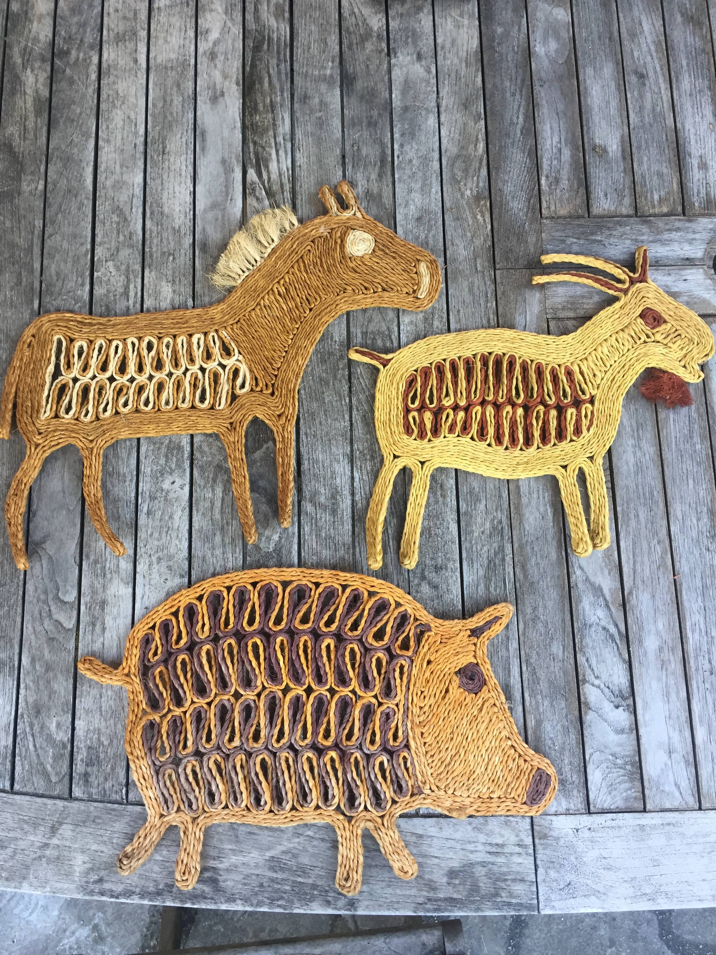 Trio of vintage rope animals table mats