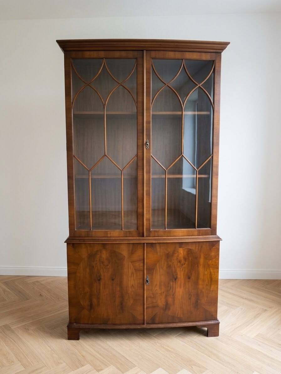 Classic English display cabinet in wood with glass doors.