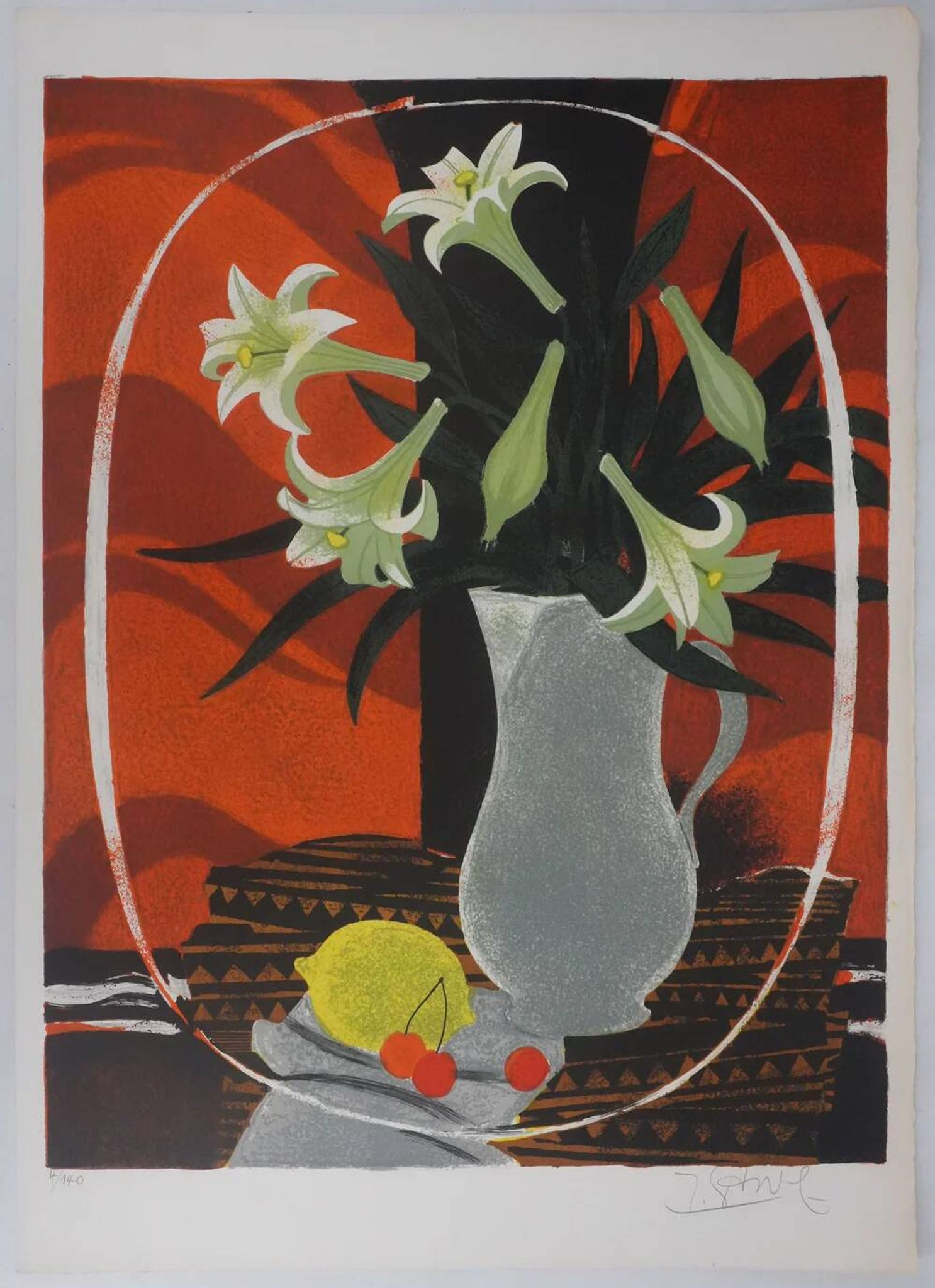 Yves ganne: lilies on an orange background, original signed lithograph