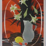 Yves ganne: lilies on an orange background, original signed lithograph