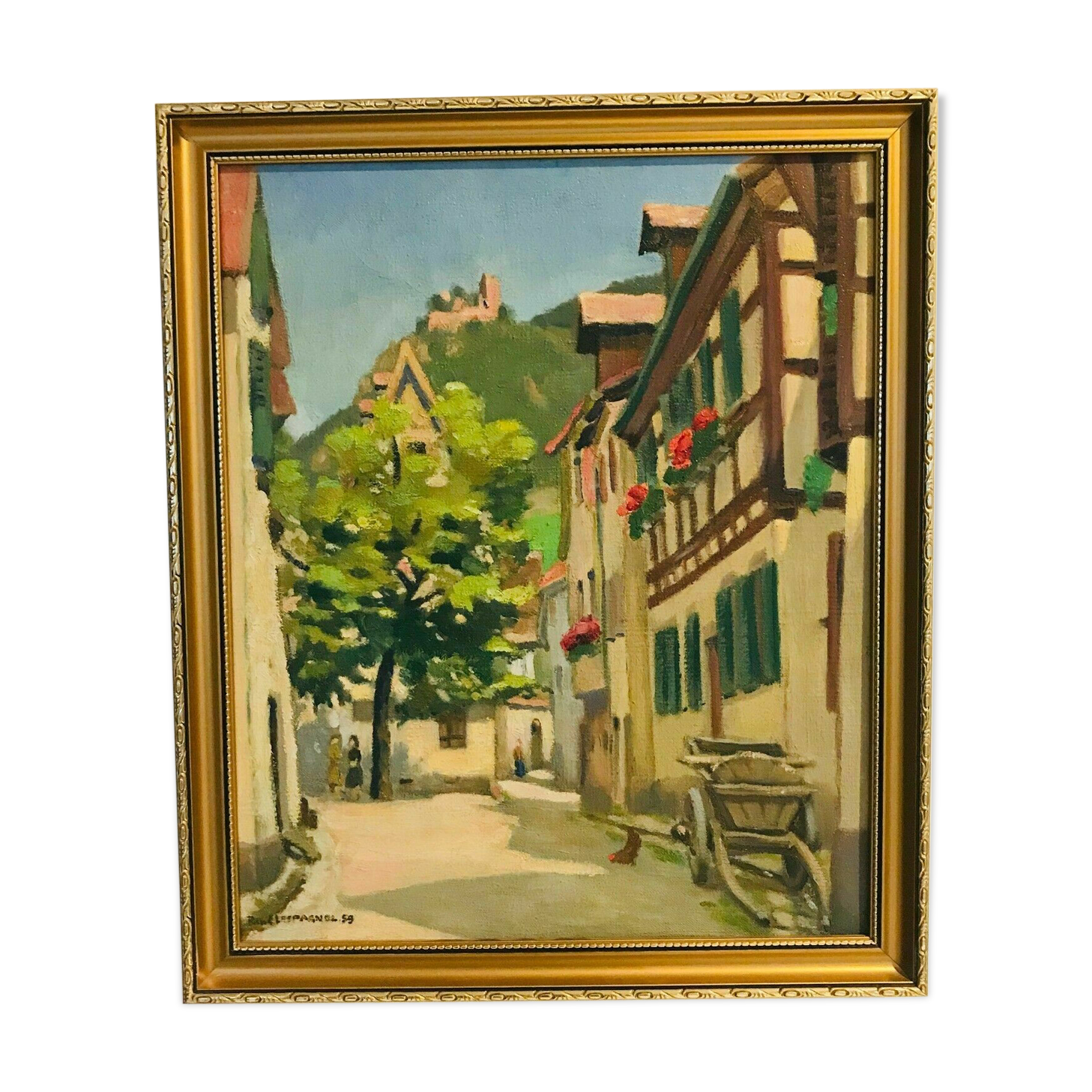 Oil on canvas "Animated village lane" Signed Lespagnol 59 20th century