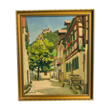 Oil on canvas "Animated village lane" Signed Lespagnol 59 20th century