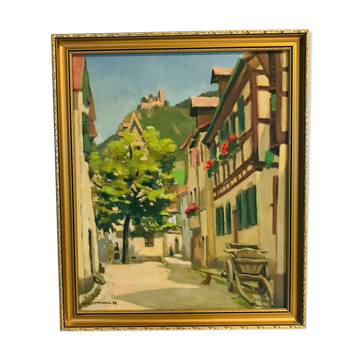 Huile sur toile " Ruelle de village animée " Signé Lespagnol 59 XX siècle