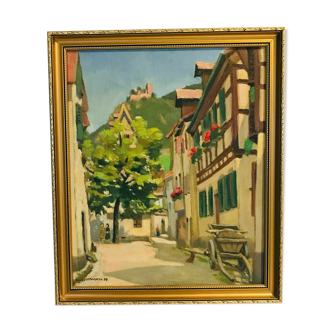 Huile sur toile " Ruelle de village animée " Signé Lespagnol 59 XX siècle