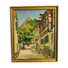 Oil on canvas "Animated village lane" Signed Lespagnol 59 20th century