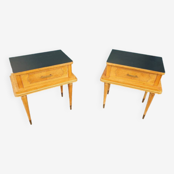 Pair of bedside tables in light varnished wood, 1960