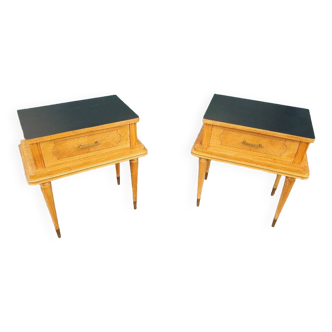 Pair of bedside tables in light varnished wood, 1960