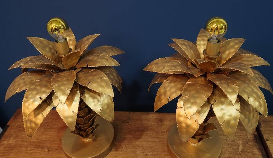 Hollywood Regency Palm Tree Lamp Trio – Hammered Gold Metal