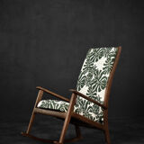 Vintage Mid-Century Danish Modern Rocking Chair in Wood and Monstera Leaf Pattern Fabric, 1960s