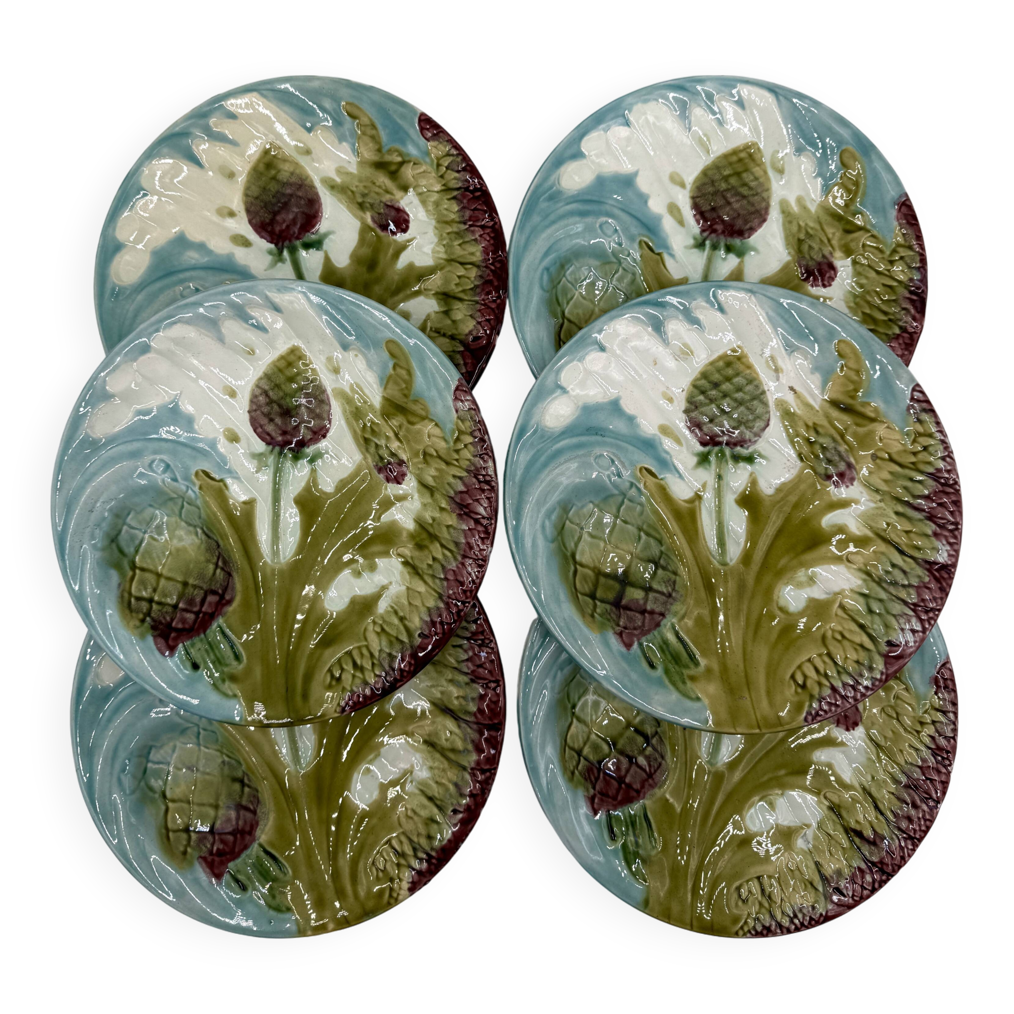 6 19th century plates in Luneville barbotine, asparagus or artichoke