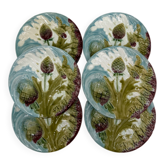 6 19th century plates in Luneville barbotine, asparagus or artichoke