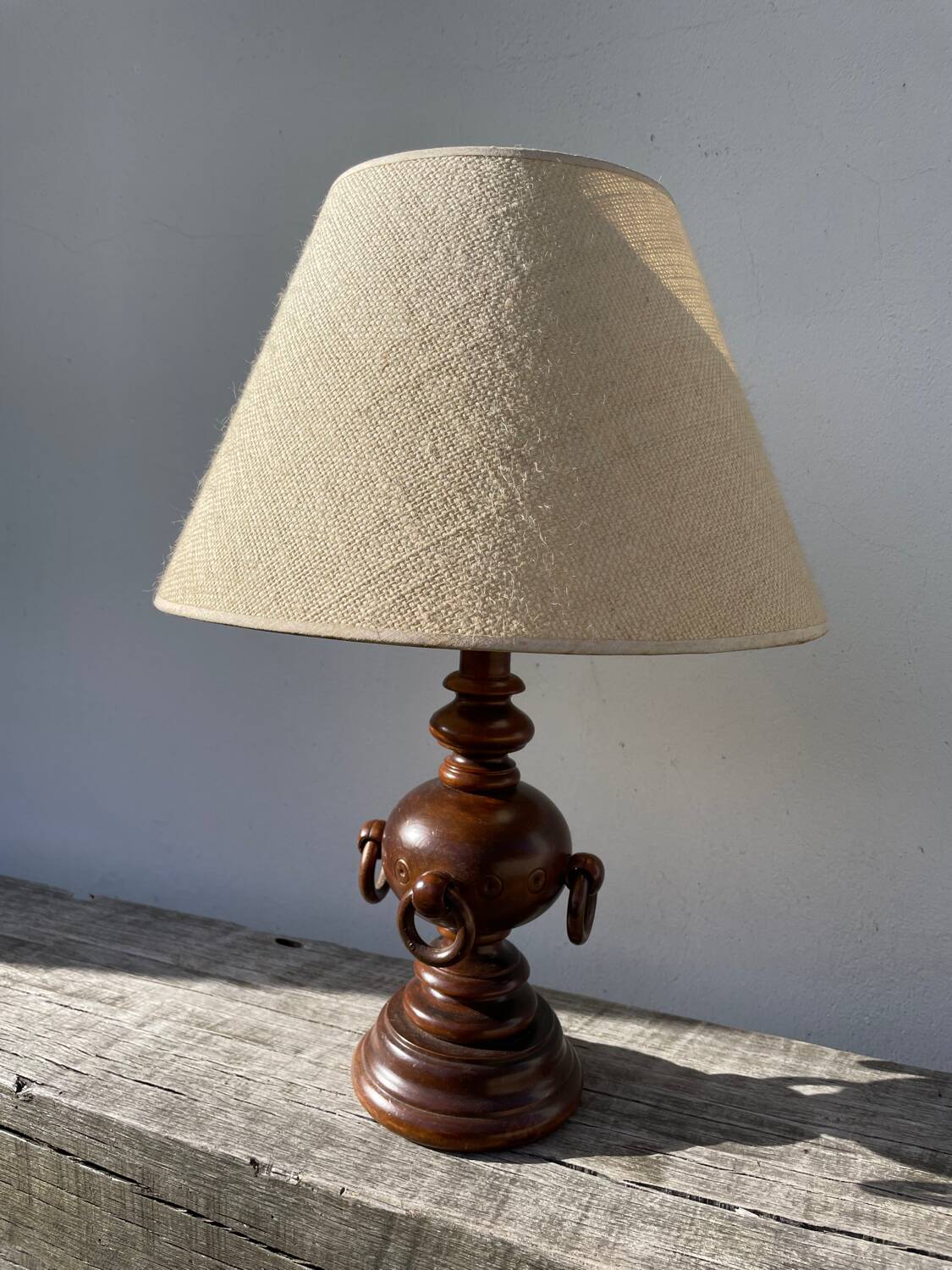 Turned wood lamp with rings