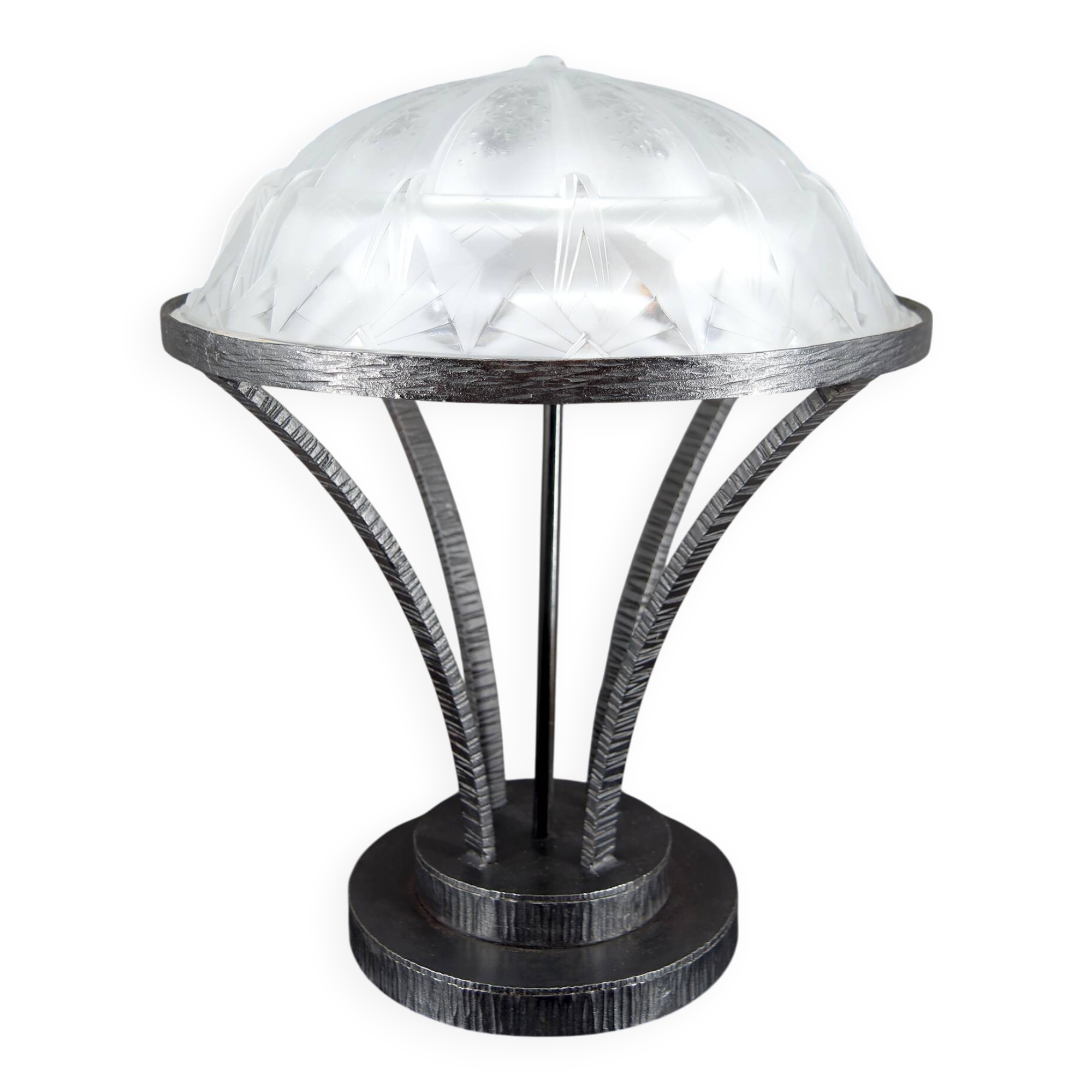 Important Art Deco Wrought Iron Lamp with Starry Glass Dome, c. 1930