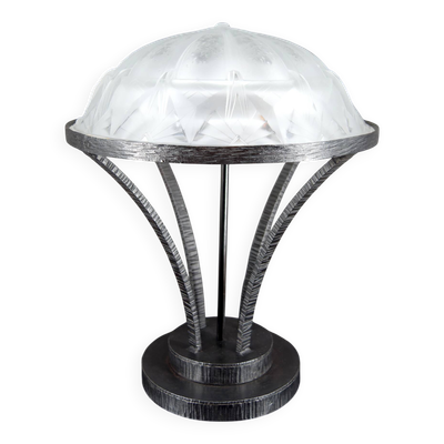 Importante Lampe en Fer forgé et Dôme en Verre Etoilé, Art Déco, c. 1930