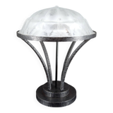 Important Art Deco Wrought Iron Lamp with Starry Glass Dome, c. 1930