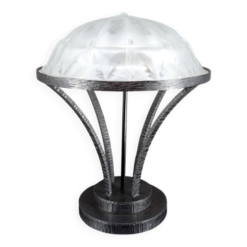 Importante Lampe en Fer forgé et Dôme en Verre Etoilé, Art Déco, c. 1930