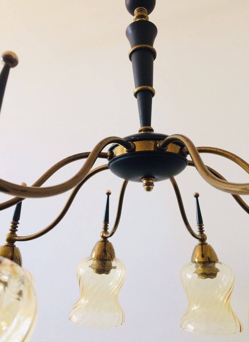 Atomic Age Design Brass and Glass Chandelier, 1950s