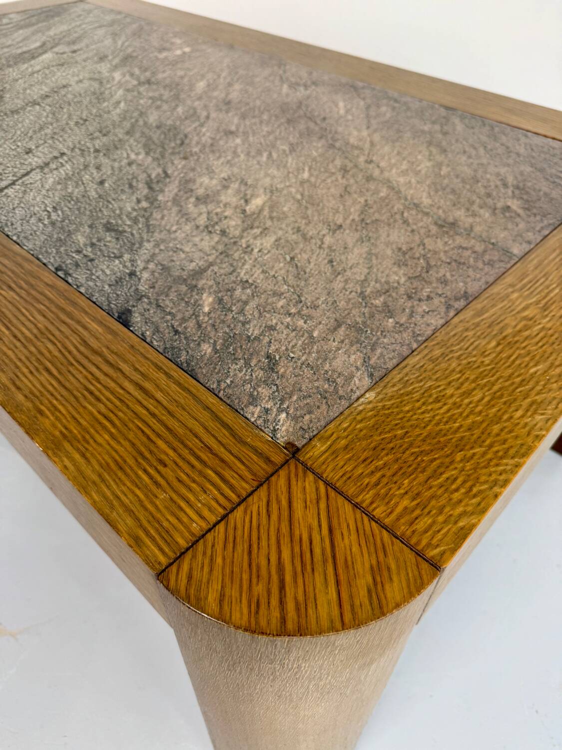 Old coffee table in wood and granite stone, vintage design from the 70s