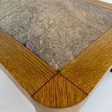 Old coffee table in wood and granite stone, vintage design from the 70s