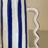 Klein blue and white striped ceramic vase with abstract handmade wavy handles