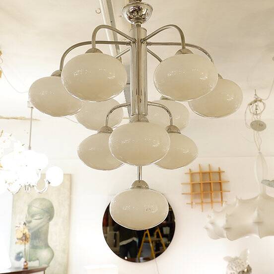 10-light chandelier in opaline and chrome-plated metal, 1960