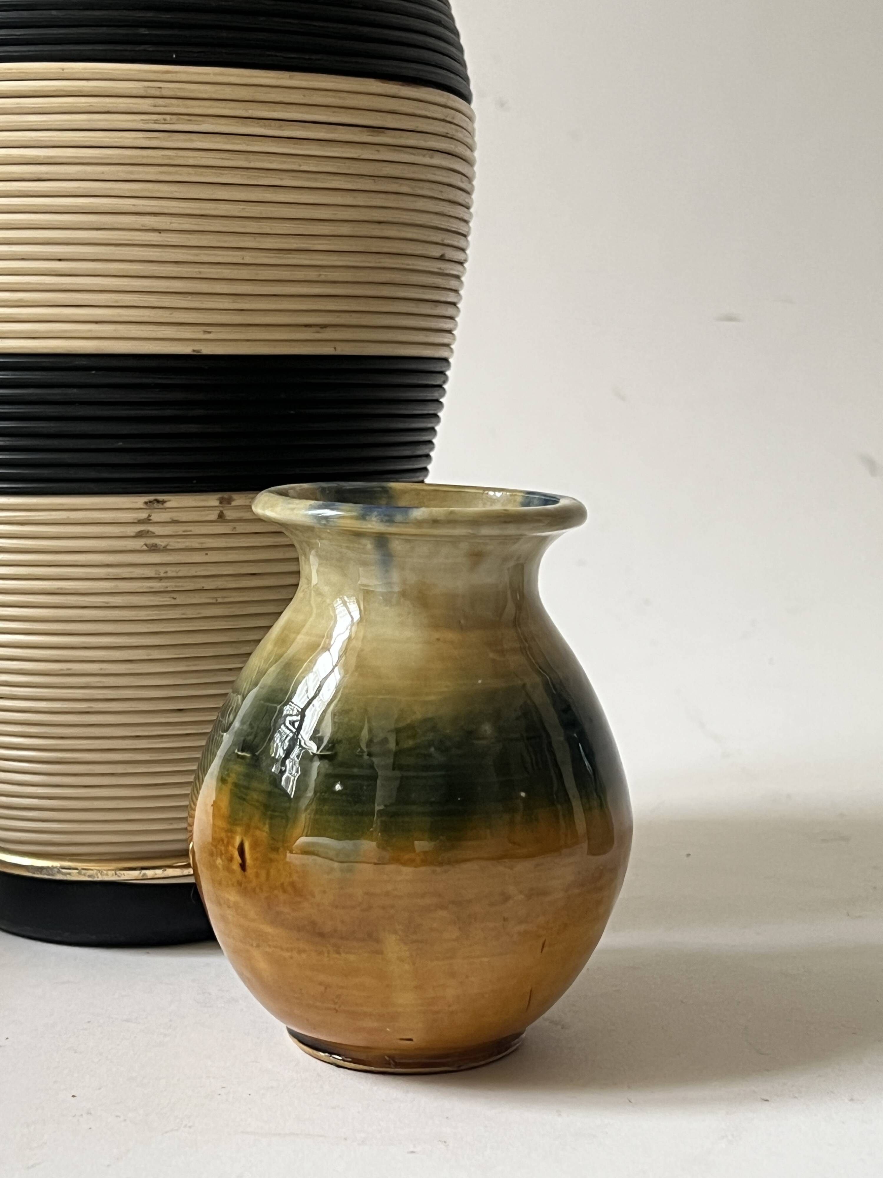 Glazed ceramic vase in honey/ochre/green, France circa 1950.