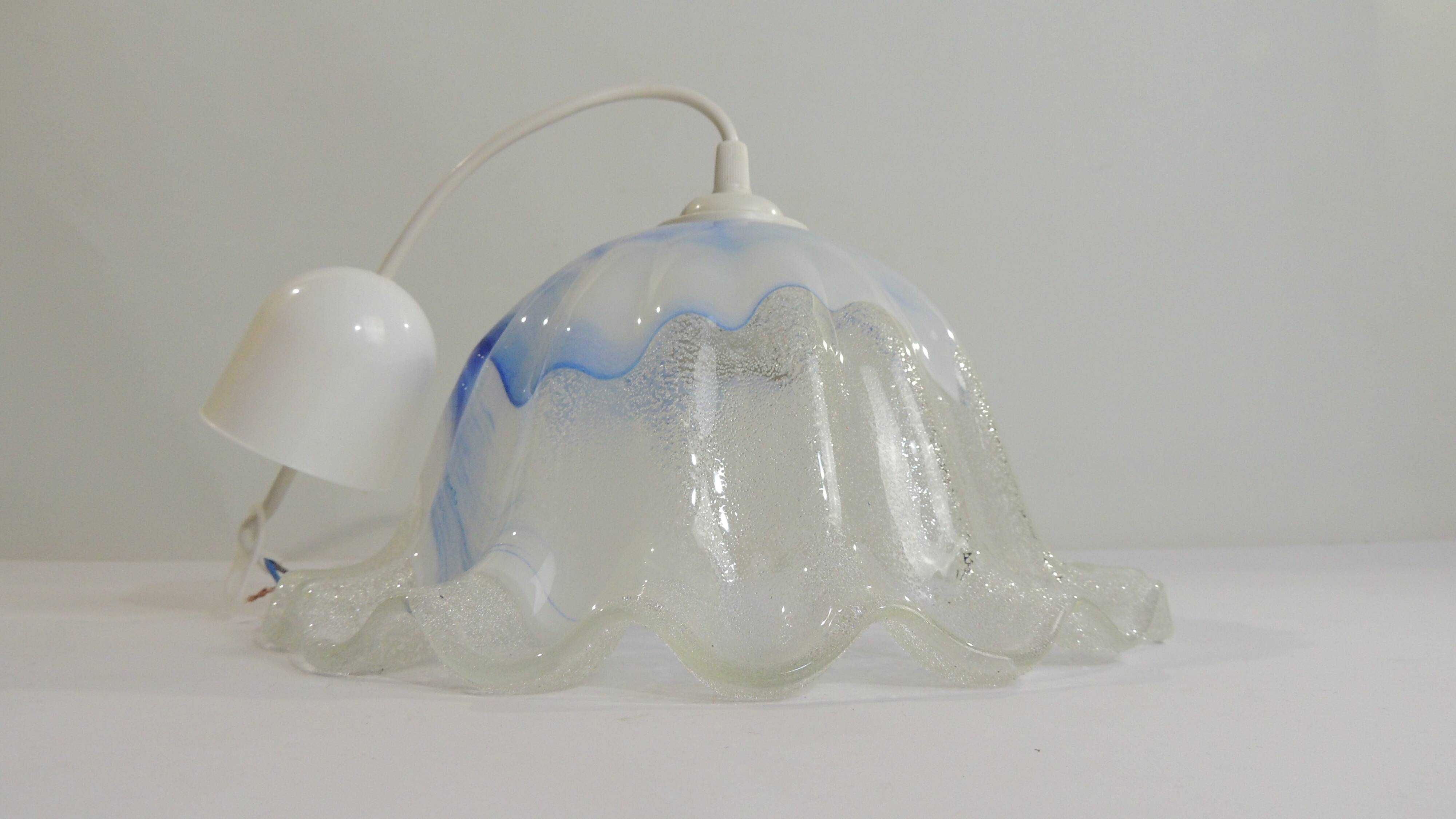 Vintage Murano blown glass suspension lamp with blue and white shell.