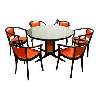 Table and 6 armchairs Baumann Diese, design Pagnon Pelhaître, Wenge color and red,