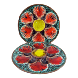2 red/orange, yellow and green glazed ceramic oyster plates - Vallauris France - vintage