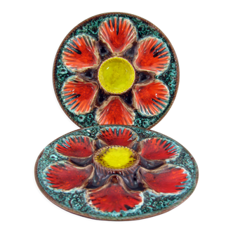 2 red/orange, yellow and green glazed ceramic oyster plates - Vallauris France - vintage