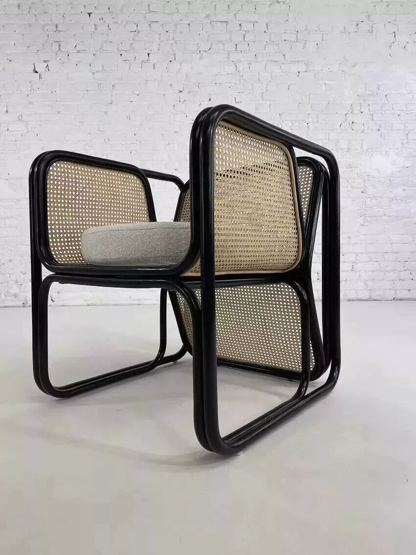 Cubic armchair in black rattan and canework